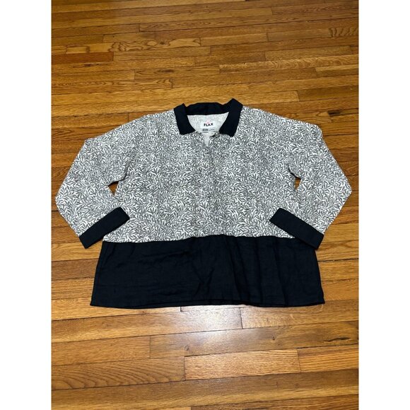 Flax Womens Blouse Size Medium Black White Floral 1/2 Button Collared Tunic Top - Picture 1 of 6